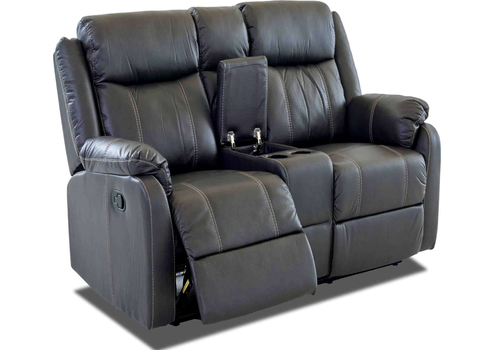 Domino Gray Dual Reclining Sofa with drop down tray and Dual reclining Loveseat
